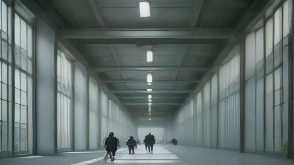 Engineers walking between rows of computing hardware in a bright industrial hall with tall windows