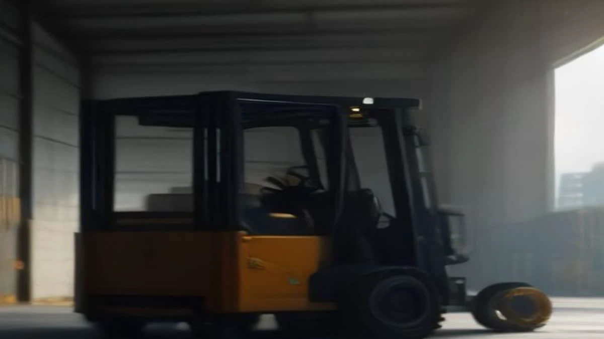 shallow depth of field close-up of a wide shot of loading docks with containers and a forklift in motion, overcast diffused light — illustrative photograph for this article
